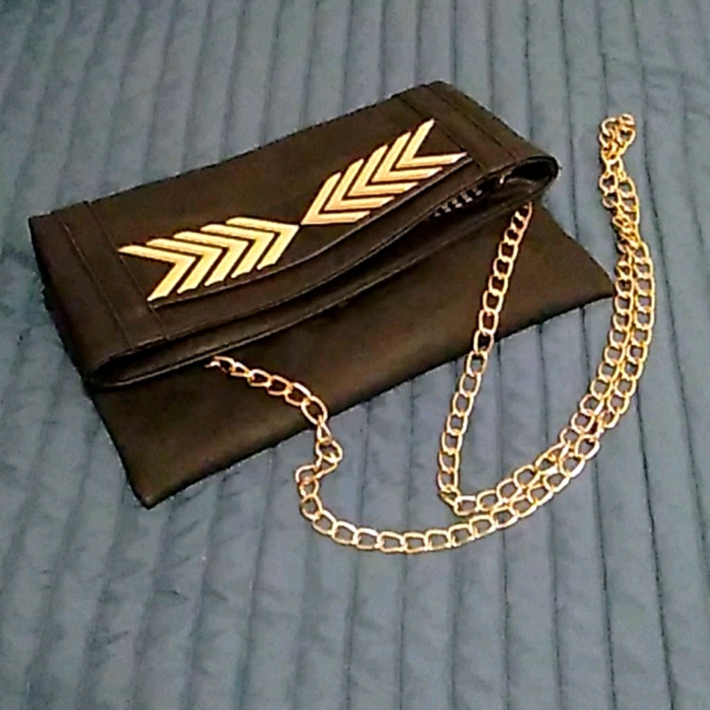 Faux Black Leather & Gold Arrow Foldover Crossbody